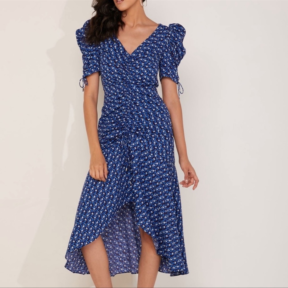 C/MEO Collective Sanguine Ditsy Floral Midi Dress in Blue Size M feminine ruched